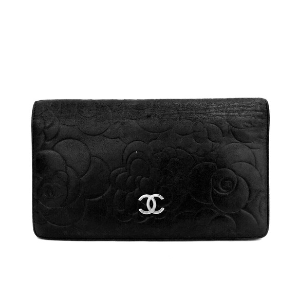 Authentic CHANEL Camellia CC Logo Lambskin Long Bifold Wallet Black - Picture 1 of 8